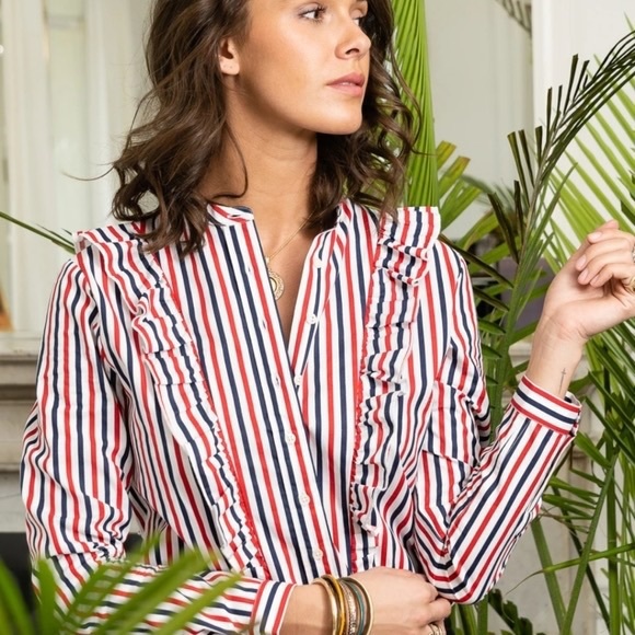 The Shirt by Rochelle Behrens Tops - NWT THE SHIRT by Rochelle Behrens Ruffled Striped Tailored Blouse